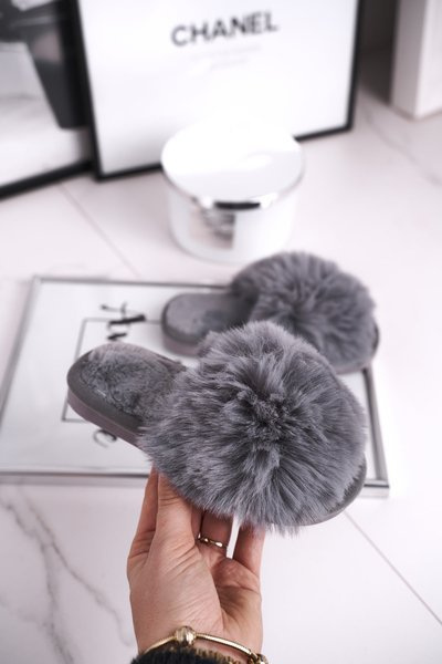 Chaussons Enfants avec Fourrure Boule de Neige Grise
