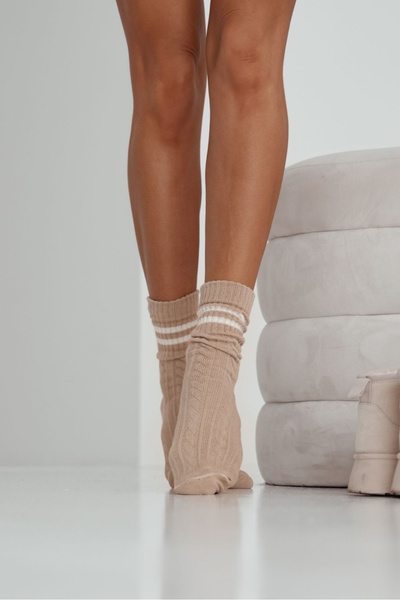 Damen Socken Zopf mit Streifen beige