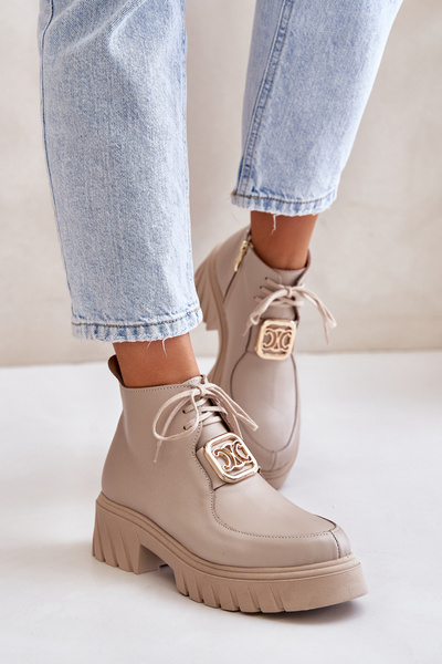 Zazoo Bottines En Cuir Avec Décoration Dorée 2952 Beige