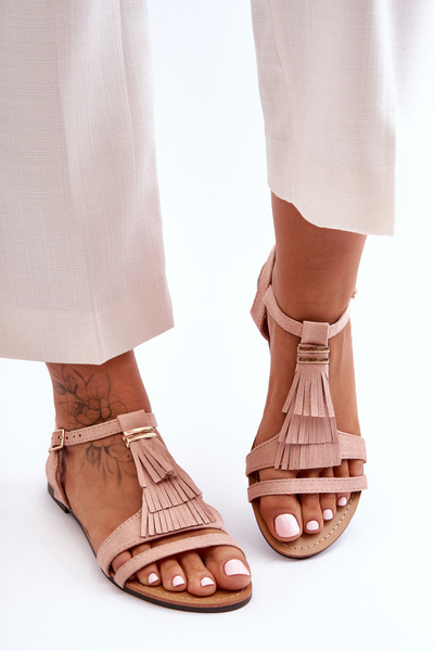 Flat Suede Sandals with Fringes Pink Viva