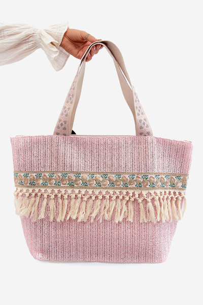 Gewebte Große Strandtasche Mit Quasten Rosa Missalori