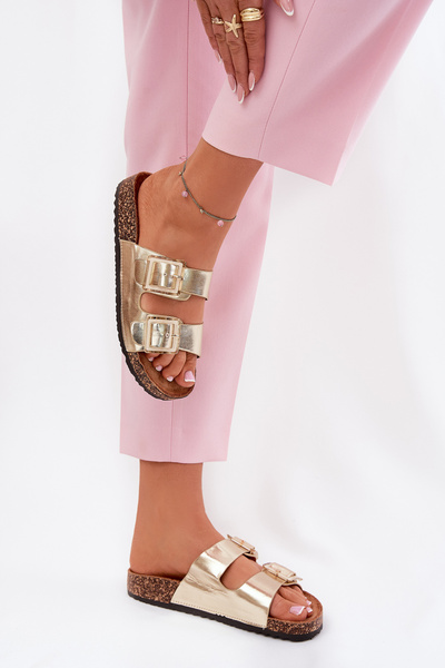 Ladies Slippers With Claras On Cork Sole Golden Sercele