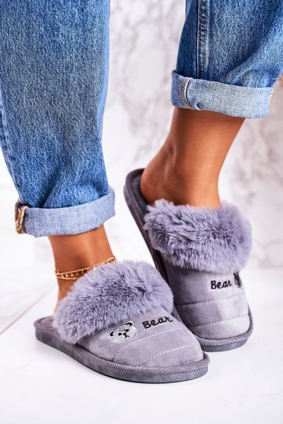 Damen Flip Flops Kunstfell Grau Teddy