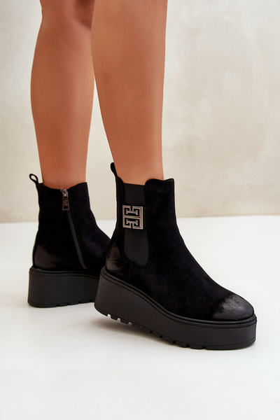 Bottines chaudes femmes sur cale et plateforme en daim écologique noir Vinceza 58339