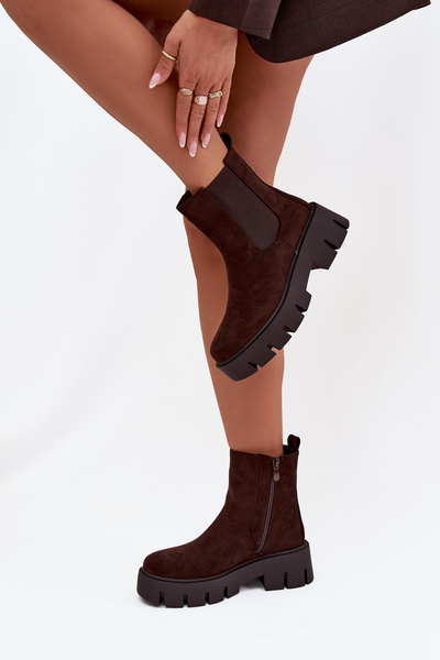 Botine dama cu căptușeală cu fermoar din eco suede ciocolată Fivienne