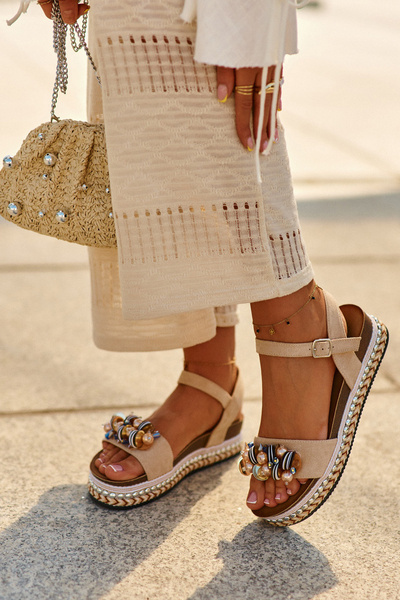 Damen Keil- und Plateausandalen mit Verzierungen S.Barski HY056 Beige