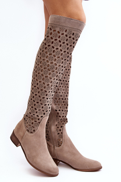 Bottines en Daim à Motif Treillis Pointe Beige