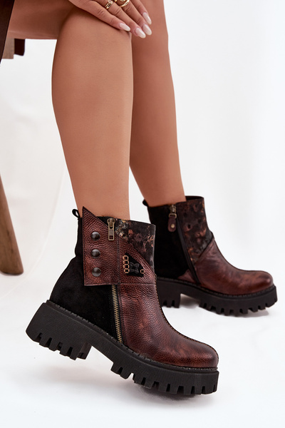 Leather Insulated Ankle Boots On Platform And Flat Heel Maciejka 06140-02 Brown