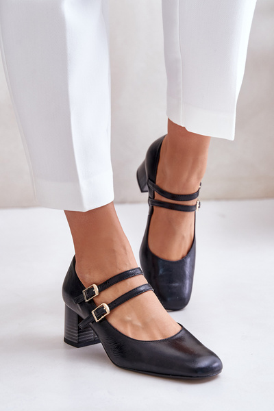 Leder Pumps Mit Riemen Auf Block Schwarz Laura Messi 2857