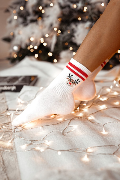 Weihnachtsstrümpfe Rentier gestreift mit Streifen weiß