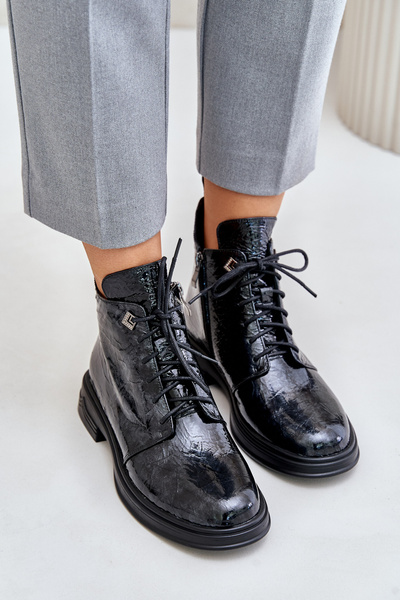 Bottines en cuir verni pour femmes isolées avec fermeture éclair D&A LZ42-042 Noir-Gris