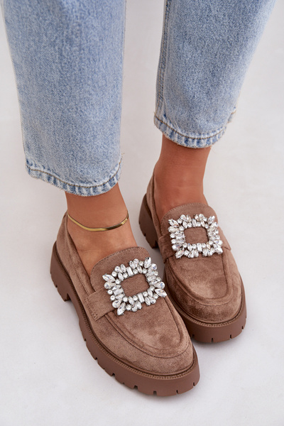 Mocassins Écologiques En Daim Pour Femmes Avec Broche Décorative Beige Foncé Valiana