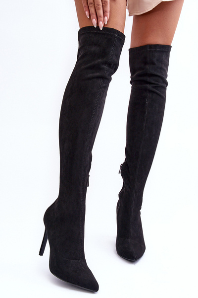 Over-the-Knee Suede Boots on Heel Black Calfi