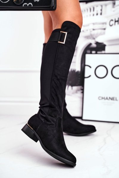 Cizme înalte de genunchi pentru femei Suede / Lycra Black Natasha