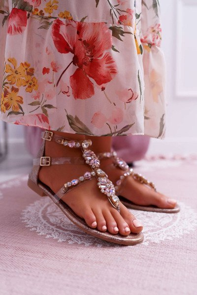 Flache Damen-Sandalen mit Schmucksteinen Champagne Karra