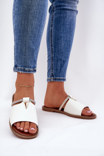 Öko Bőr Papucs Lapos Sarokkal Díszes Pánttal Fehér Hirtewi