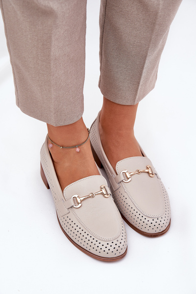 Mocassins En Cuir Pour Femmes Avec Décoration Sur Talon Plat Beige S.Barski LR51-588