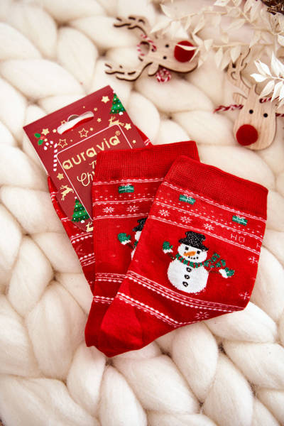 Moteriškos medvilninės kalėdinės kojinės Snowmen Raudona