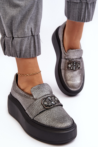 Pantofi de platformă pentru femei din piele cu decorare Laura Messi 2697/810 Silver