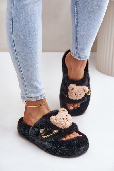 Pantoufles En Fourrure Pour Femme Avec Ours Et Éléments Décoratifs Noir Innalise