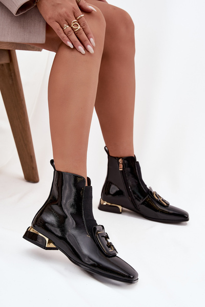 Leder Lackierte Damen Stiefeletten Mit Verzierung D&A MR52-216 Schwarz