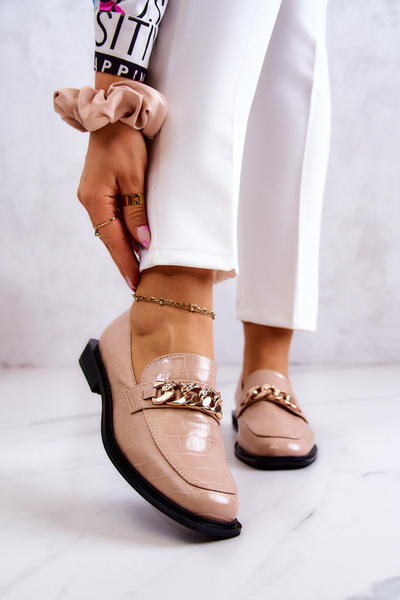 Leder Loafer Loafer Leder Loafer mit Kette Beige Killen
