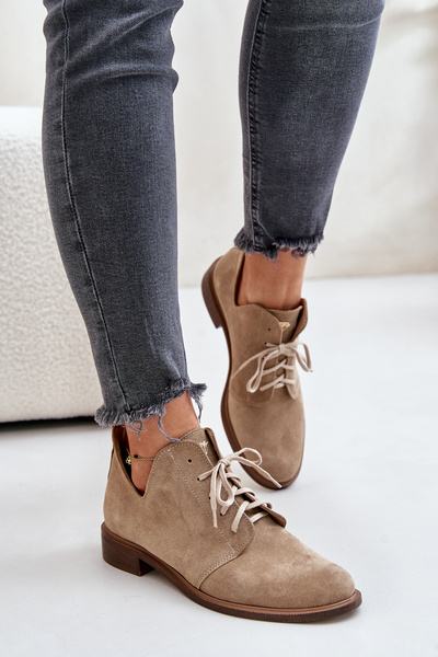 Zazoo 2959 Pantofi Oxford Din Suede Cu Șireturi Pe Toc Plat Bej