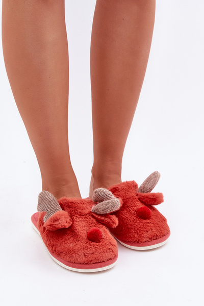 Women’s Fleece Slippers With Reindeer Motif Coral Sennalith