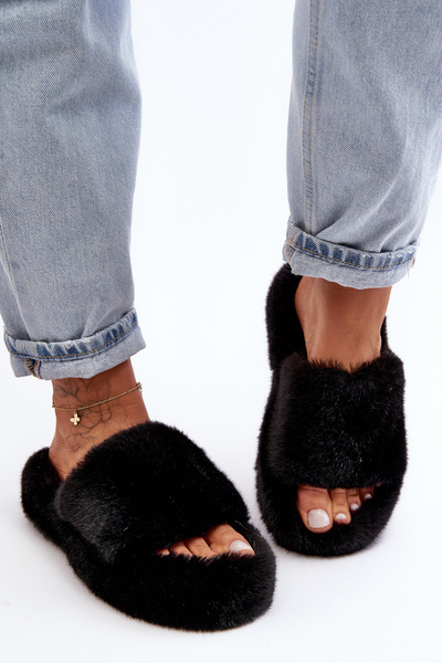 Damen Fell Pantoffeln Schwarz Biella