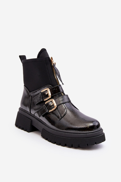 Bottines femme en cuir verni noir à talon plat Rellisa