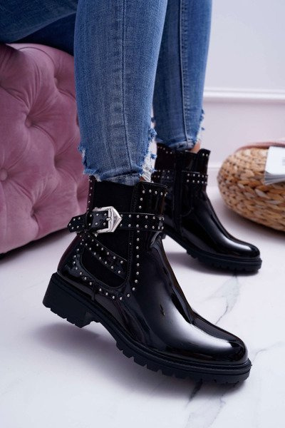 Bottines Femme Talon Plat Laqué Chaud Noir Verre