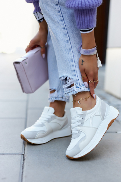 Chaussures de Sport en Cuir Nouées Blanc et Gris Coryse