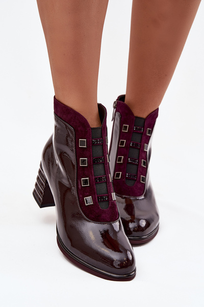 Botine din piele naturală lucioasă pentru femei cu toc D&A CR52-696 bordo