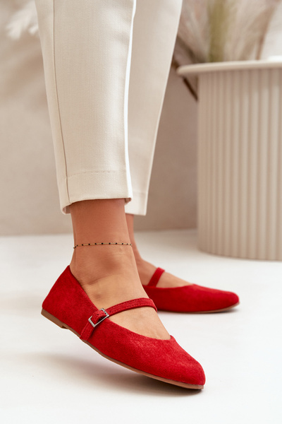 Flat Ballet Shoes With Strap Eco Suede Red Tirilina