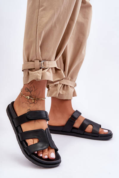 Papuci pentru femei clasice din piele cu Velcro Black Amedon