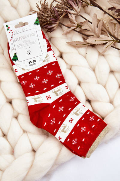 Chaussettes Femme Avec Motifs De Noël Renne Et Flocons De Neige Rouge