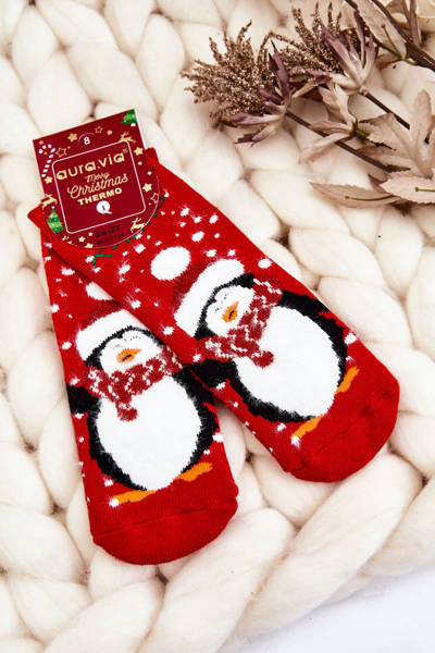 Children's Christmas Cotton Șosete termoactive Penguin Red