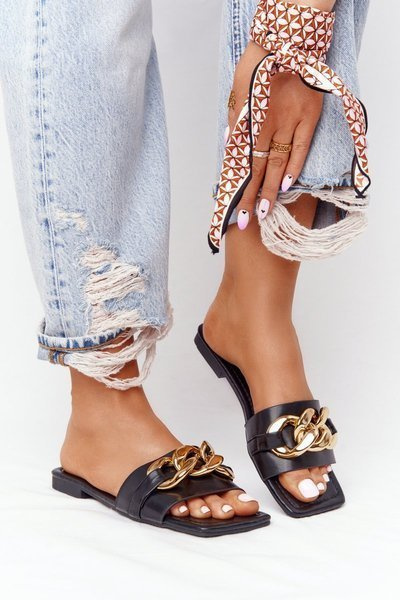 Leder Flip Flops mit Kette Schwarz French Kiss