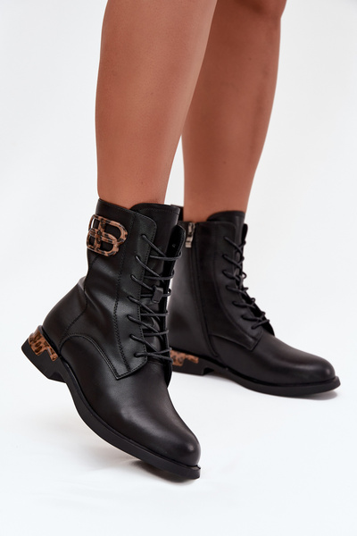 Botine din piele pentru femei cu talpă plată cu decorație căptușită Artiker 57C1064 Negru