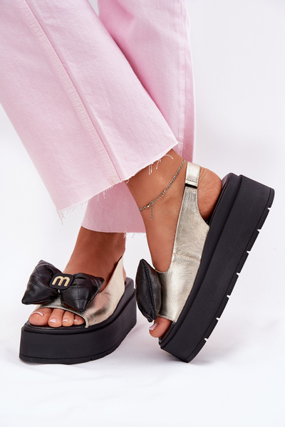 Damen Leder Sandalen auf Plateau mit Schleife CheBello 4641 gold-schwarz