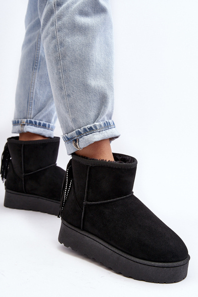 Damen Schneestiefel mit massiver Plateausohle und Fransen Schwarz Lirico