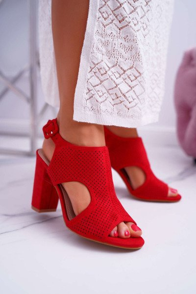 Sandale stiletto pentru femei deschise din piele de căprioară Red Hibaby