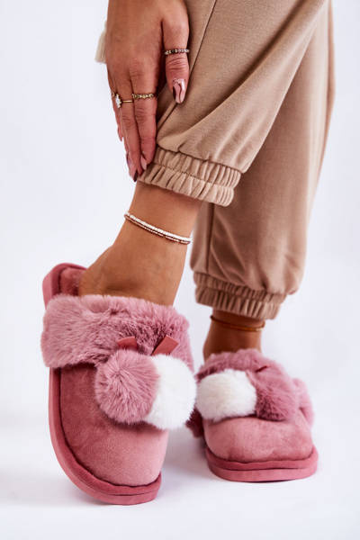 Chaussons Femme Pompons Et Fourrure Rose Sahira