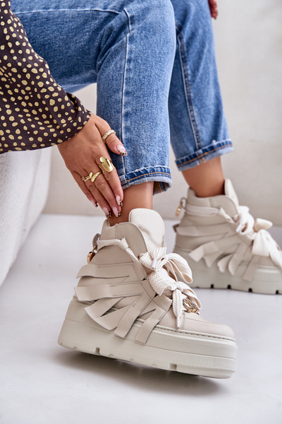 Baskets Femme En Cuir Sur Plateforme Massive Beige CheBello 4561