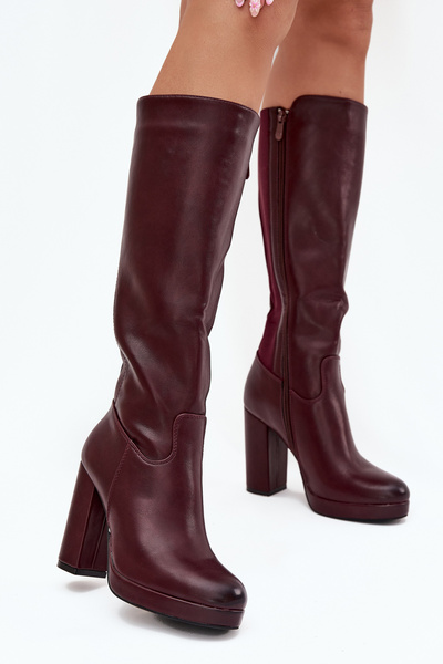 Damen Kniehohe Stiefel Mit Absatz Eko Leder Bordeaux Thalina