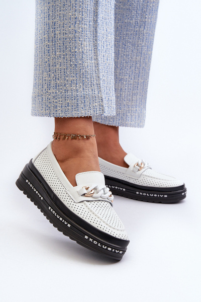 Mocassins Plateforme Femme en Cuir avec Chaîne S.Barski LR618 Blanc