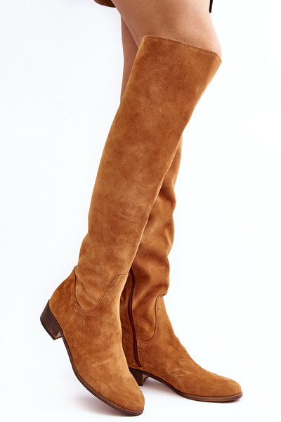 Cuissardes à talons plats en daim pour femmes Camel Hewanella