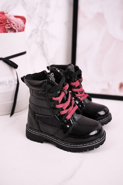 Children's Insulated Boots With Quilting Patent Black Pinkie