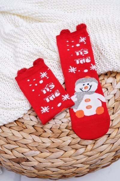 Chaussettes de Noël pour femmes rouges avec oreilles et bonhomme de neige