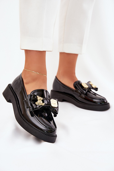 Mocassins laqués avec nœud et broche décorative noirs Leandriel